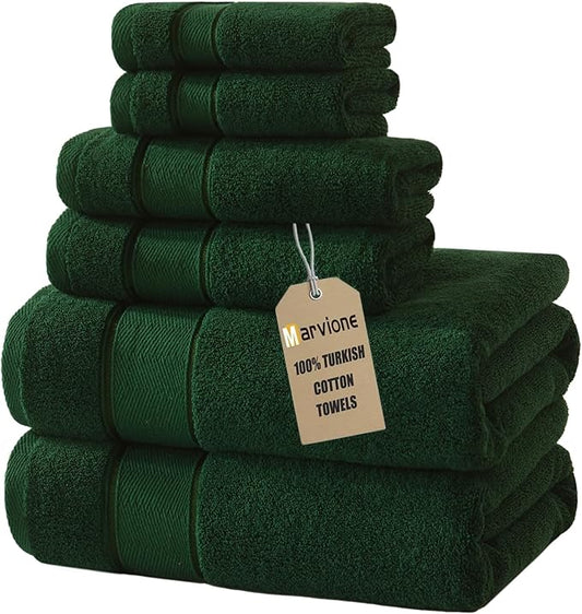 Marvione Bath Towels Set 6 Piece, 100% Turkish Cotton Highly Absorbent and Soft Towels for Bathroom 2 Bath Towels 2 Hand Towels 2 Washcloths, Deep Green