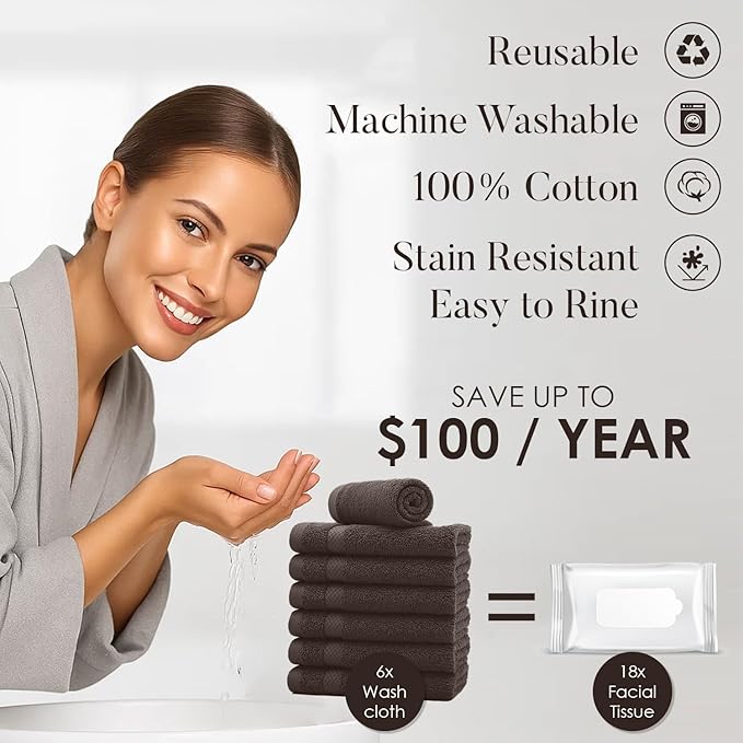 DAN RIVER 12-Pack Premium 100% Cotton Brown Face Towels – Reusable Face Towel Set, Soft & Absorbent Bath washcloths for Bathroom & Body – Hand and Face Towels, 550 GSM (12x12 in)