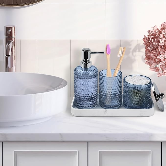 Bathroom Accessories Set,4 Pcs Blue Glass Bathroom Accessories Sets-Lotion Soap Dispenser,Toothbrush Holder,Qtip Holder Dispenser & Resin Vanity Tray,Countertop Vanity Organizer,Blue