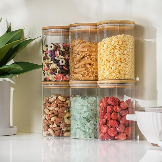 32oz Straight Cylindrical Airtight Storage Containers with Bamboo Lids Set of 6, Round Stackable Canisters, Food Jars, Pantry Organizers for Sugar, Cookies and Coffee beans (with Black Lable)