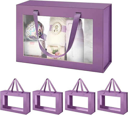 Large Purple Clear Gift Boxes, 13.5x9x4.1 Inches Gift Boxes with Windows by Handles, Bridesmaid Proposal Boxes, Collapsible Gift Boxes with Magnetic Closure (Glossy Purple, 5 Pack)