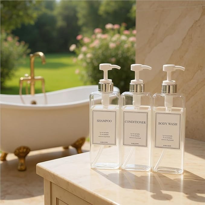 Modern Design 27 oz Shampoo and Conditioner Dispensers - Plastic Refillable Pump Bottle Set for Bathroom Shower Soap Dispenser, Gift Box Included, Set of 3 (Clear & Silver)