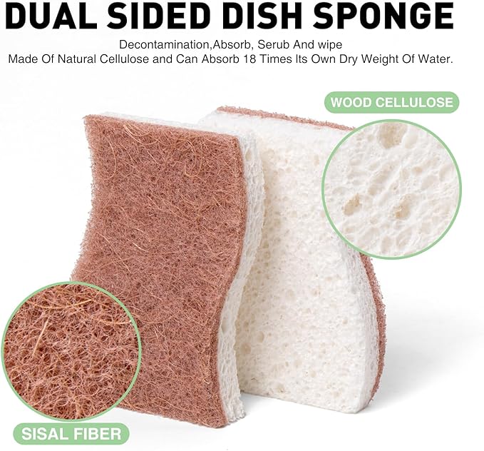 Eco-Friendly Sisal and Wood Pulp Cotton Double-Sided Cleaning Sponges - 12 Pack, S-Shaped Biodegradable Scrubbers for Kitchen, Dishes, and More (4.3 x 2.8 x 0.7 Inches Each)