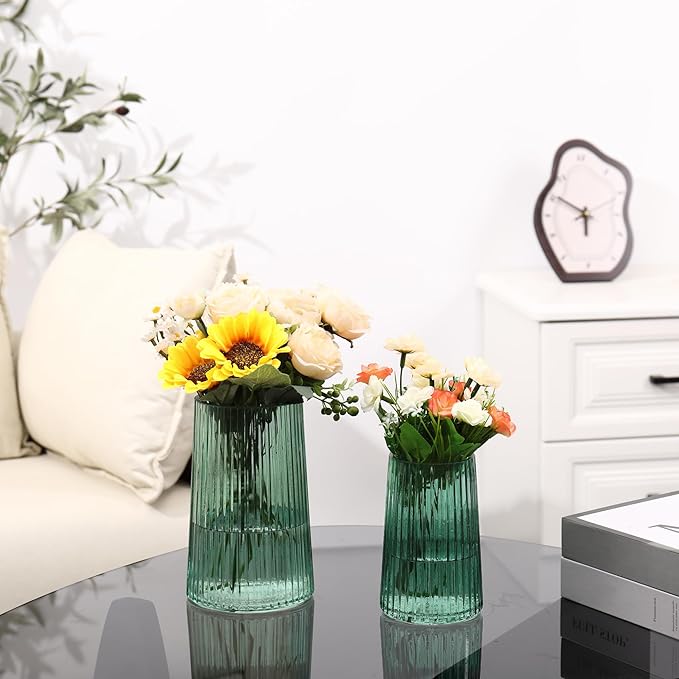 Ribbed Flower Vases Set of 2, Green Vases for Flowers, Flower Vase for Bouquet, Modern Ribbed Glass Vase for Living Room, Bedroom, Dining Table, Office, Wedding, Centerpieces