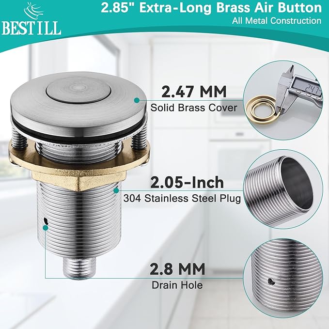BESTILL Garbage Disposal Air Switch Kit - UL Certified, Brass 2.95" Short Sink Top On/Off Switch Button for Food Waste Disposer, Brushed Nickel, Compatible with all Garbage Disposals