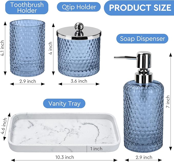 Bathroom Accessories Set,4 Pcs Blue Glass Bathroom Accessories Sets-Lotion Soap Dispenser,Toothbrush Holder,Qtip Holder Dispenser & Resin Vanity Tray,Countertop Vanity Organizer,Blue