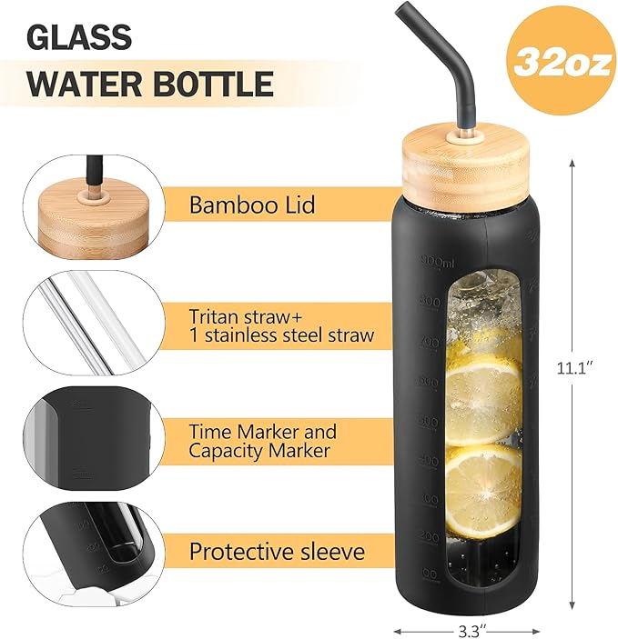 32oz Glass Water Bottle with Straw and 2 Lids- Bamboo and Spout Lid,Motivational Sports Water Bottle with Silicone Sleeve and Time Marker,Reusable for Gym, Outdoors, Black
