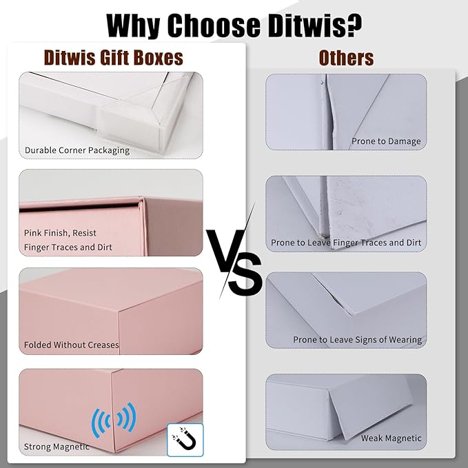 Ditwis 4 Pack 10.5x7.5x3.1 Inches Gift Boxes with Magnetic Closure Lids, Pink Magnetic Box for Wedding, Groomsmen Bridesmaid Proposal, Birthdays, Mother's Day