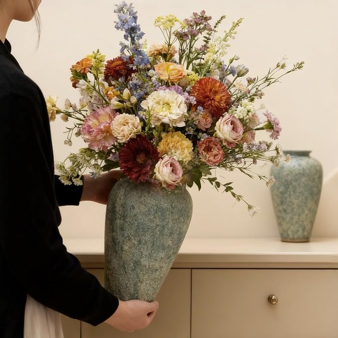 Ceramic Flower Vase Home Decor - 9.2 inch Large Farmhouse Table Vases, Rustic Decorative Vases for Kitchen Living Room Coffee Dining ShelfMantel Decoration