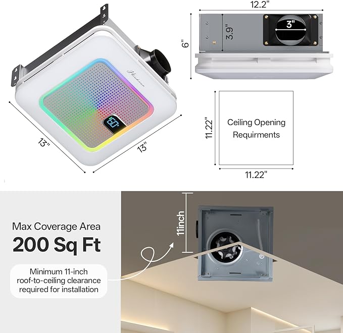 Smart Bathroom Exhaust Fan with Bluetooth Speaker, 230 CFM 1.0 Sone Exhaust Fan with Humidity & Odor Sensor, Remote/App/Voice Control, Adjustable LED Lighting & Dynamic RGB Mood Light (Grey)