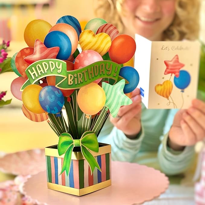 Freshcut Paper Pop Up Cards, Colorful Birthday Balloons, 12 Inch 3D Popup Greeting Card, Cards for Birthdays, Happy Birthday Card, Blank Notecard & Envelope
