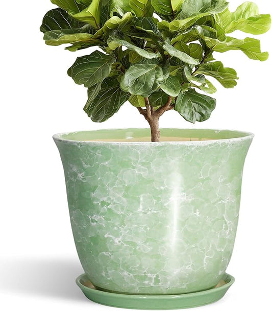 12 Inch Pots for Plants - Ceramic Plant Pots with Drainage Hole and Saucer, Large Round Planter for Indoor Outdoor, Modern Flower Pot, Decorative Planters, Garden Decor, Garden Gifts, Green