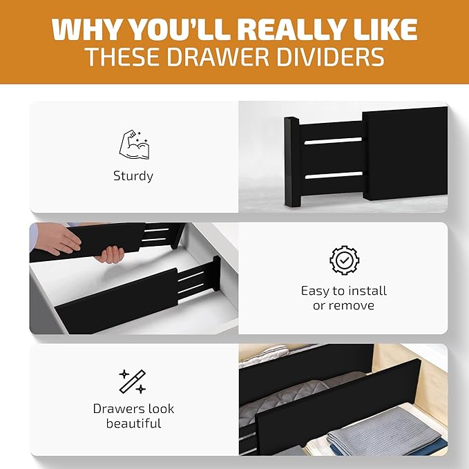 6 Pack Drawer Dividers 4 Inch High, 11”-17" Adjustable Bamboo Organizers Large Expandable Drawer Separators for Cloths, Dresser, Bedroom, Bathroom, Baby Drawer, Office & Kitchen Utensils (Black)
