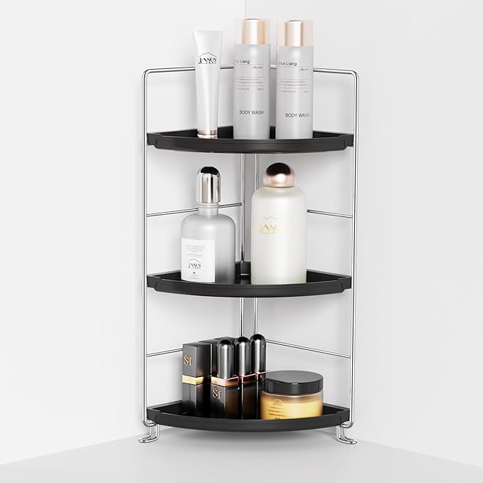 3-Tier Corner Bathroom Organizer Countertop for Storage，Counter Tray and Vanity Organizer，Plastic Counter Organizer for Kithchen, Bathroom, Dresser 10.6 inches (Chrome + Black)