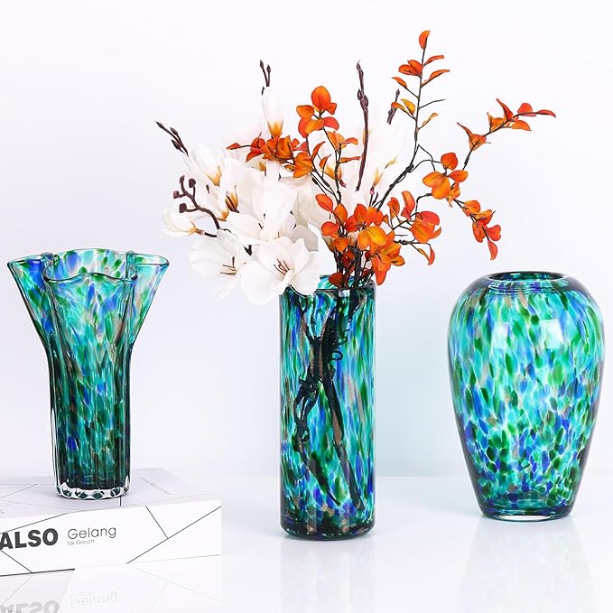 9.45" Tall Teal Vase Hand Blown Glass Vase Green, Modern Teal Home Centerpieces Wide Mouth Vases for Bud&Flower Decor - Ideal Living Room, Kitchen, Wedding, Dining Table, Office Center Table