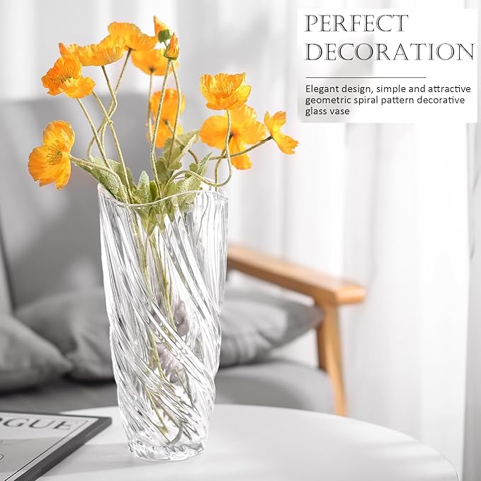 Glass Vase,Elegant Spiral Decorative Centerpiece for Home, Office,Wedding, Stylish Blown Glass Flower Vase, Clear