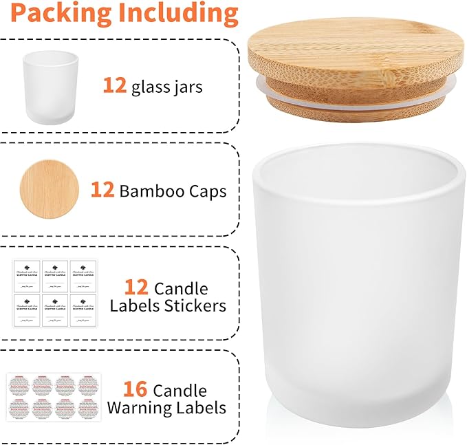 SUPMIND 12 Pack Glass Candle Jars-10oz Frosted Empty Candle Jars with Bamboo Lids and Sticky Labels, Bulk Candle Jars for Making Candles Containers - Dishwasher Safe