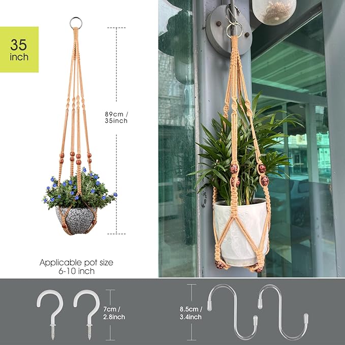RIFNY Macrame Plant Hanger for 5 to 10 Inch Plant Pots, 35 Inch Woven Rope Hanger Kits with Hooks and Wood Beads, Hanging Planter Basket for Indoor Boho Home Decor (Brown, 3 Pack)