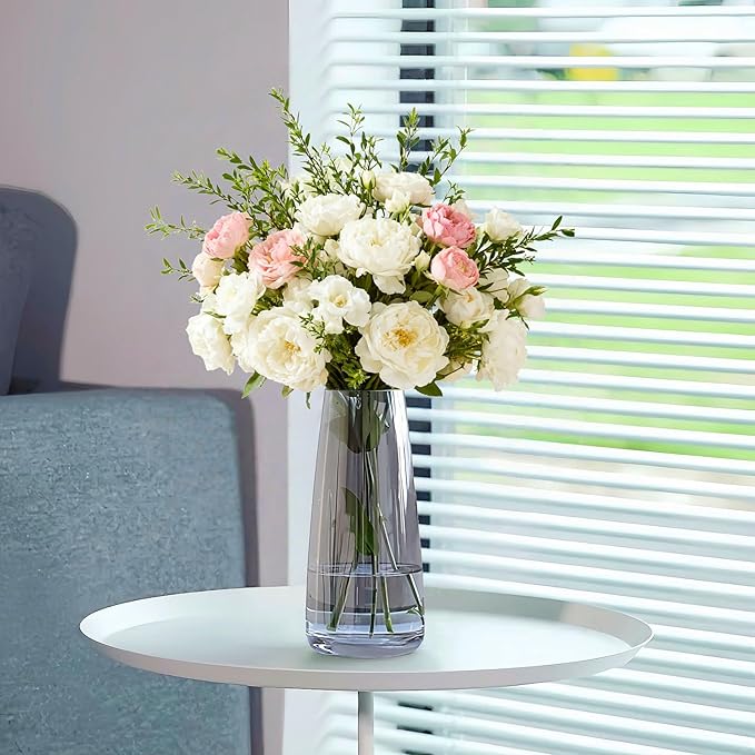 Crystal Clear Glass Vase, Flower Vase for Table Centerpiece Home Decor, Modern Vases for Living Room, Wedding, Office, Coffee Table, Birthday Housewarming Gift, 8.3inch (Gray)