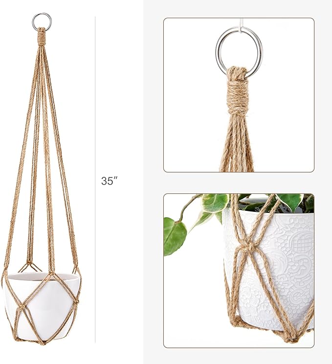 Dahey Macrame Plant Hanger Indoor Hanging Planter Basket Handmade Woven Cotton Rope Flower Pot Decorative Crochet Plant Holder Stand for Boho Home Decor No Tassels,35 Inch,Set of 2, Brown