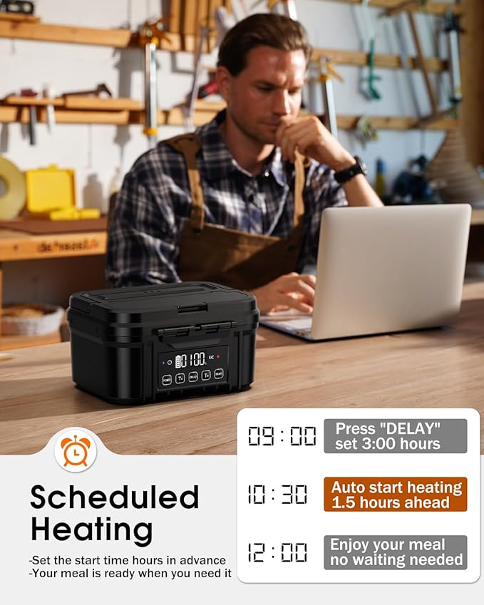 Cordless Electric Lunch Box for Adults – Battery-Powered Heated Lunch Box with 1.2L Stainless Steel Container, Timer Function, and Leak-Proof Food Warmer for Work, Travel & Office
