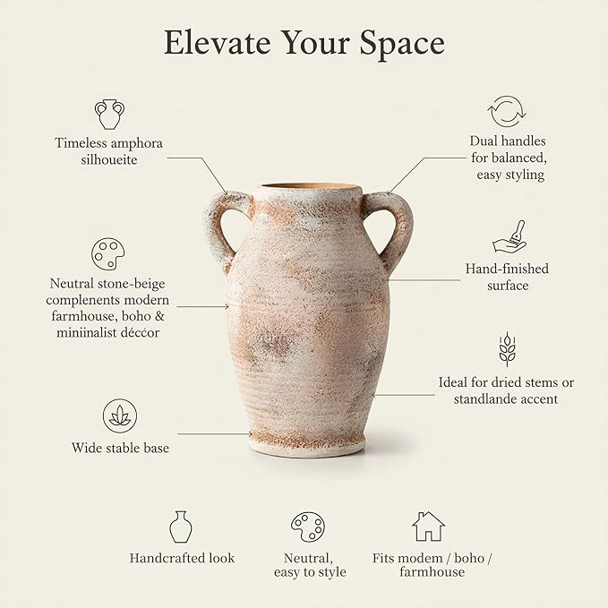 8.1-Inch Terracotta Ceramic Flower Vase with Handles, Rustic Farmhouse Boho Pottery Centerpiece for Table, Living Room & Shelf