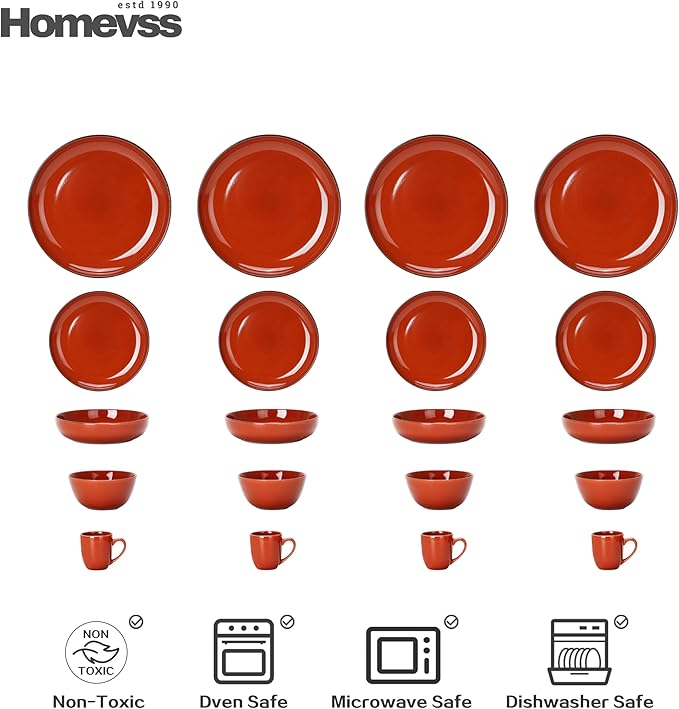 HomeVSS 20-Piece Dinnerware Set - Serves 4, Bright Glaze Orange plates and bowls sets with Speckle Effect for Microwave & Dishwasher Safe