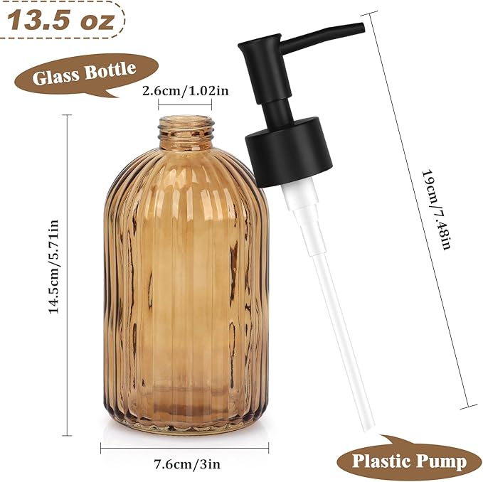 Glass Soap Dispenser with Plastic Pump, Hand Soap Dispenser for Hand Wash, Lotion Dispenser for Dishwashing Liquid, Lotion Shower Gel (Striped Brown)