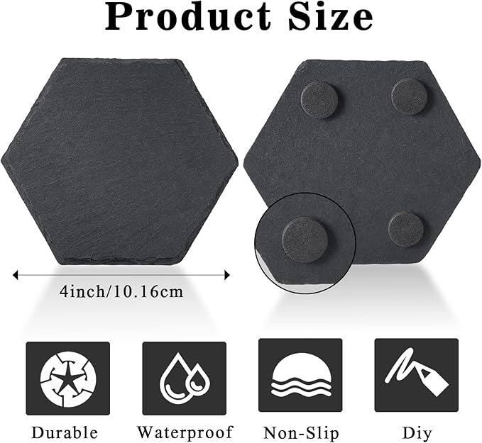 50 Pieces Slate Coasters, 4 Inch Hexagonal Black Stone Coaster Bulk for Drinks Hexagon Blank Natural Handmade Rock Coasters for Laser Engraving, Coffee, Wooden Table, Home Decor, Bar, Gifts