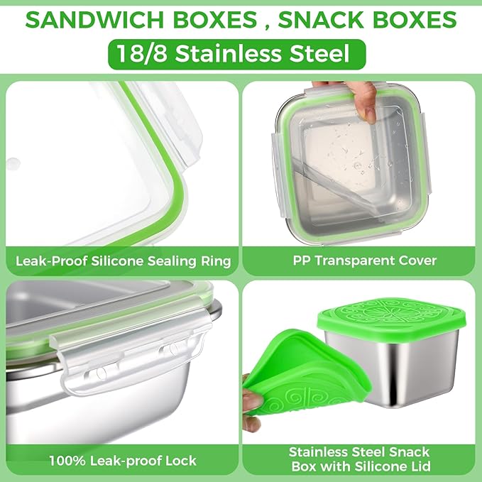 4 Pack Sandwich Containers for 25 Oz and 4 Pack Snack Boxes for 6 oz Stainless Steel Containers with Silicone Lids Reusable Metal Lunch Boxes Dishwasher Safe to Meal Prep Food Storage