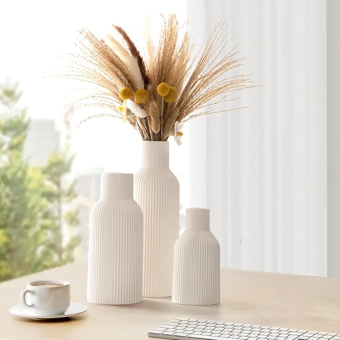 White Ceramic Vases Set of 3, White Ribbed Decorative Vases - Table Centerpieces for Wedding, Living Room, Office & Shelf Decor