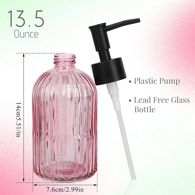 Glass Soap Dispenser with Plastic Pump, Hand Soap Dispenser for Hand Wash, Lotion Dispenser for Dishwashing Liquid, Lotion Shower Gel (Striped Pink)