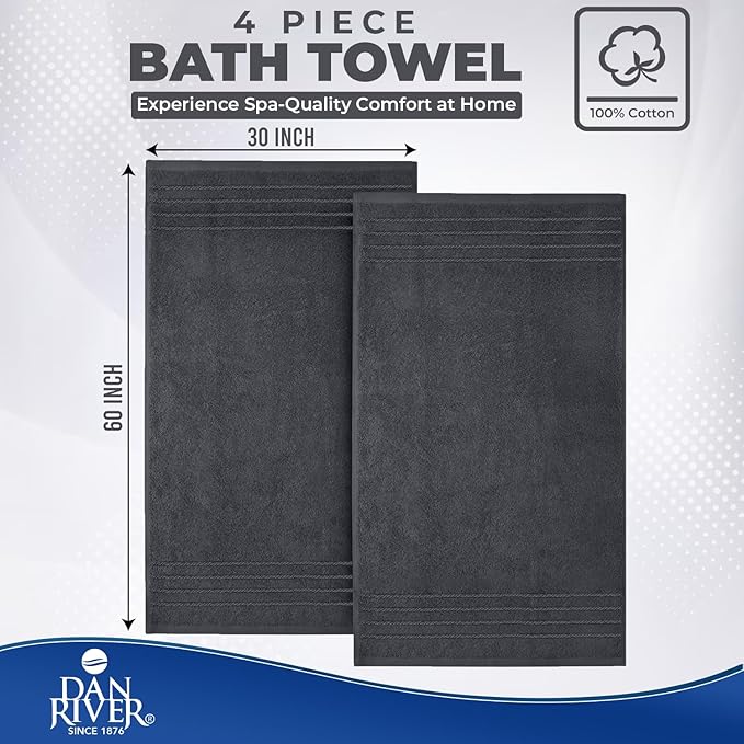 DAN RIVER Bath Towels Set of 4, 30 x 60 Inches, 100% Cotton, Larger & Lighter Weight, Quicker to Dry, Super Soft and Absorbent, Ideal Hotel Towels for Daily Use, Dark Grey