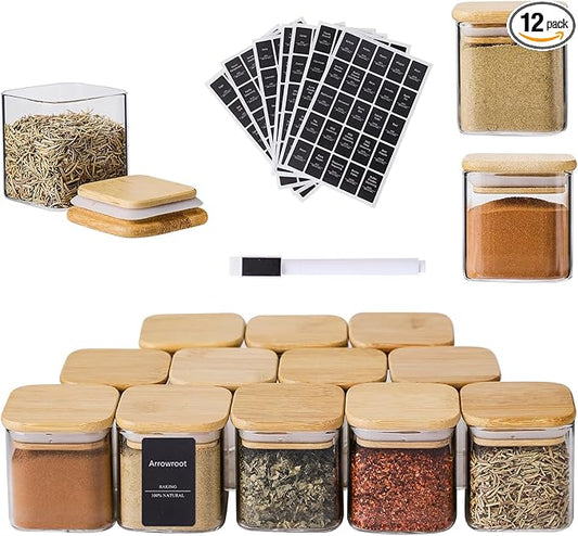12Pcs 4oz Spice Jars with 275 Labels, Small Seasoning Glass Container Empty Organizer with Bamboo Lid Set for Pepper, Salt, Sugar