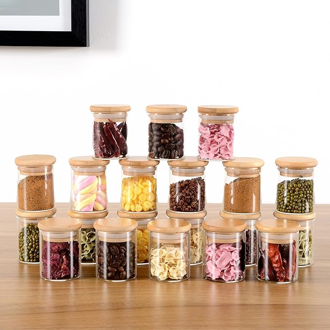 20 Pcs Glass Spice Jars with Airtight Bamboo Lids, Labels and Pen, 2.5oz Mini Clear Food Storage Containers for the Pantry, Kitchen Canisters for Tea, Herbs, Sugar, Salt, Coffee and More