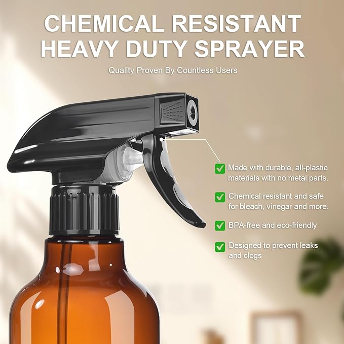 Plastic Spray Bottles, 2-Pack, 16.9 Oz, Mist & Stream, Heavy Duty Spraying, Empty Water Spray Bottle for Cleaning Solutions, Essential Oils, Hair, Plants, BBQ, Cat Dog Behavior Correction (Amber)