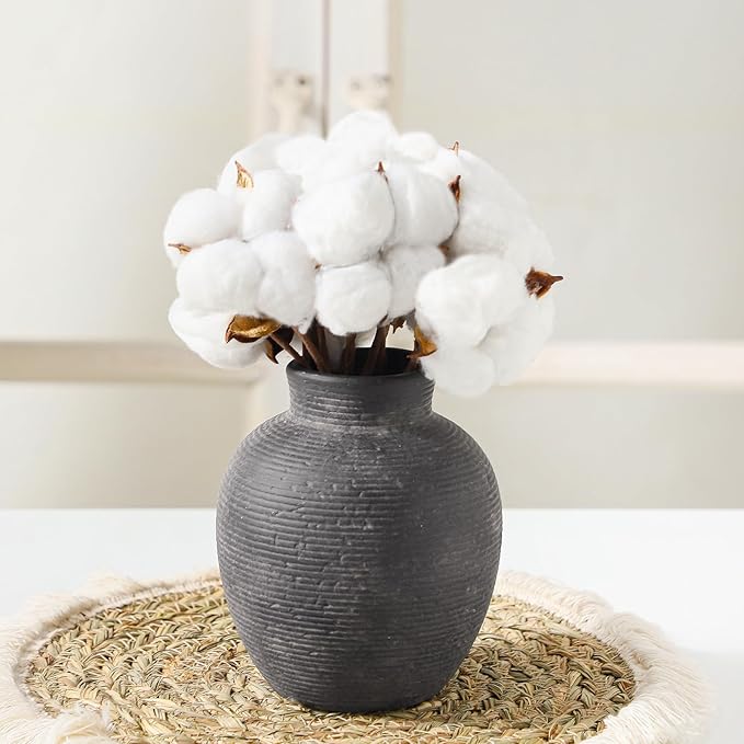 Ceramic Flower Vase Home Decor - Small Farmhouse Table Vases Rustic Vintage Living Room Kitchen Bedroom Decorations for House Book Shelf Office Coffee Desk Dining Fireplace (6" Black)