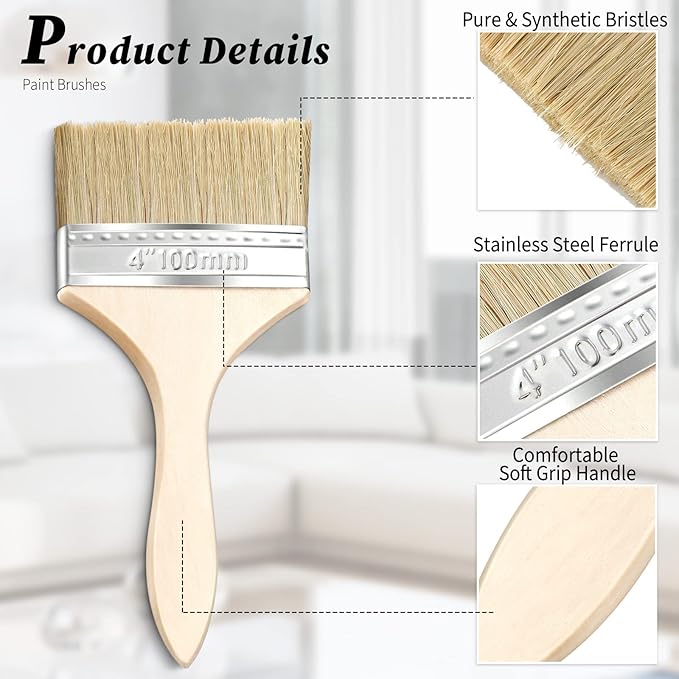 Remerry 96 Pcs 4 Inch Paint Brushes Bulk, Natural Bristle Chip Brushes with Wooden Handle, Flat Art Applicators for Wall, Furniture, Kids, Fences Details