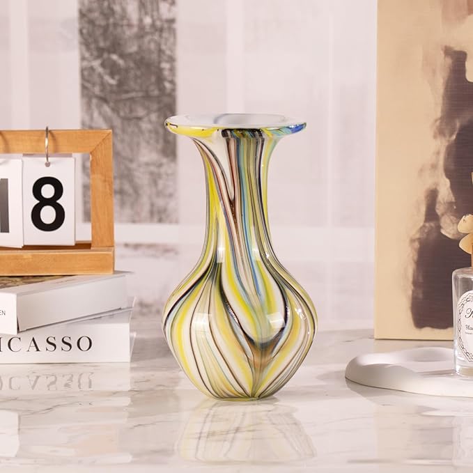 KAMMAK Colored Glass Vase, Beautiful Hand Blown Decorative Vase, Modern Art Vase for Flower Mantle Dining Table Centerpiece, Entryway Living Room Wedding Decoration, FH015