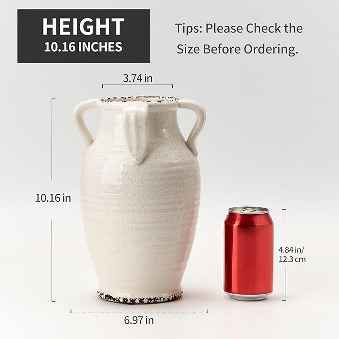White Ceramic Vase with 4 Handles, 10.16" Tall Retro Ice Cracked Flower Vase, Antique Vases for Modern Farmhouse Home Decor, Wedding, Living Room, Table, Shelf Decor, Cracked White