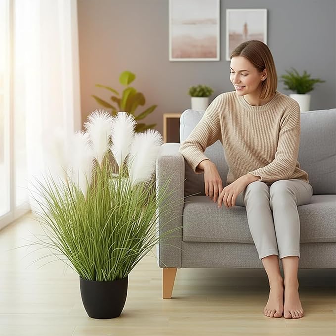 35" Artificial Potted Plant with Reed Flowers, Tall Faux Pampas Greenery for Indoor Home Decor, Living Room, Lobby, Bathroom, Wedding