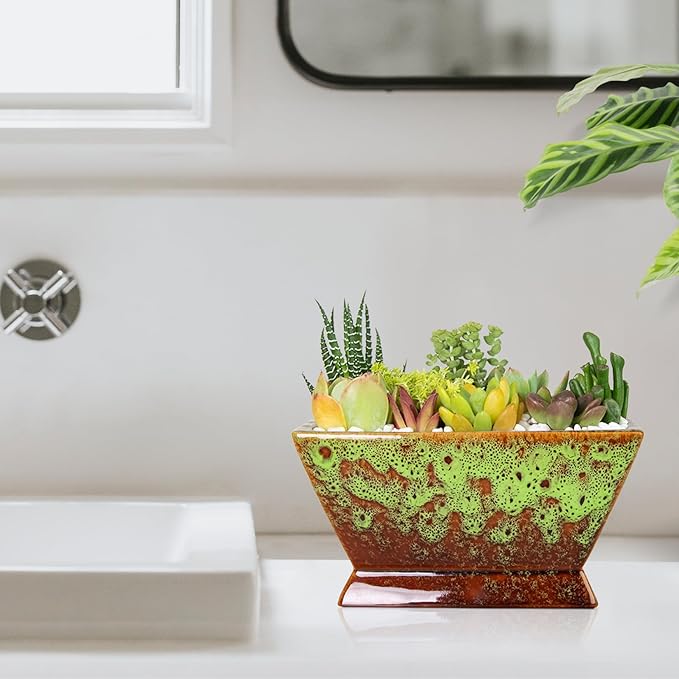 ARTKETTY Succulent Pots - 7 Inch Large Plant Pot with Drainage, Shallow Bonsai Pots Ceramic Succulent Planters for Indoor Outdoor Plants, Modern Cactus Pot Decorative Home Office