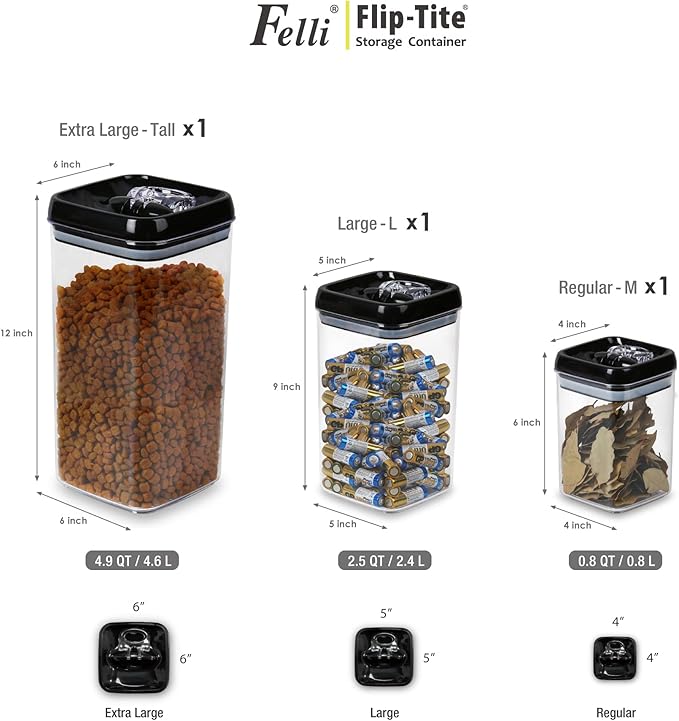 Felli Flip Tite Storage Container with Lid 6" XL Air Tight Ring Lock Top, Clear Acrylic Canister Set for Kitchen, Pet Cat Dog Food Treats (Nest-L, Black) NLQUA4-050(870191)