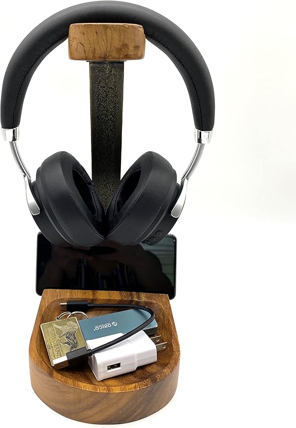 Acacia Wood Headphone & Phone Stand with Tray – Dual Device Holder Desk Organizer for Over-Ear Headphones & Mobile Phone, Gaming Setup, Workstation, Stylish Wooden Catchall
