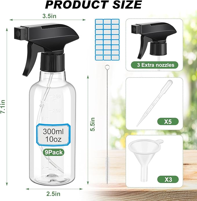 9 Pcs 10oz/300ml Plastic Spray Bottle Bulk for Plant Small Spray Bottle Fine Mist Water Sprayer with Measurement Upgraded Adjustable Nozzle Refillable Empty Container for Cleaning, Hair, Cooking