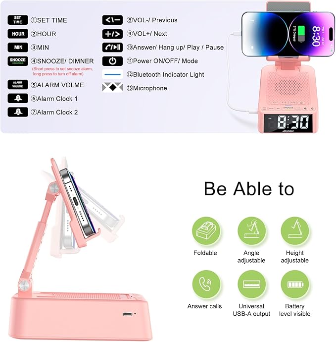 Gifts for Women Girls, Phone Stand with Bluetooth Speaker 360° Rotable Angle Adjustable Cell Phone Holder for Desk with HD Subwoofer Sound Fits All Phones,Tablets (Pink)