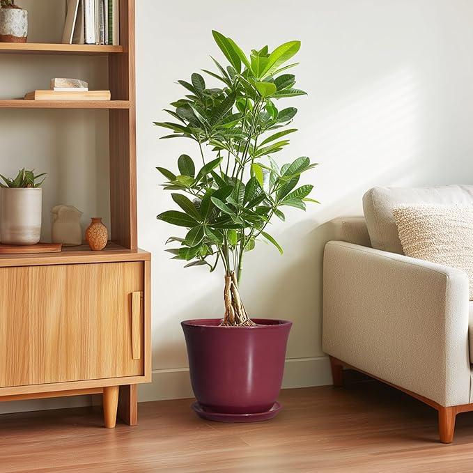 Ceramic Plant Pots - 10 Inch Plant Pot with Drainage Hole and Saucer, Round Planter for Indoor Outdoor, Modern Decorative Large Flower Pots, Home Room Garden Decor, Plants Lovers Gifts, Red