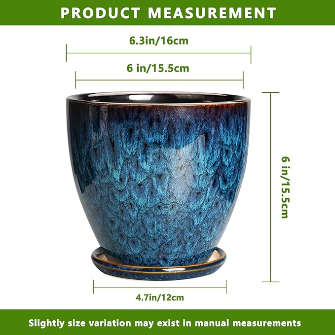 Ceramic Plant Pot, 6.3 Inch Ceramic Planter Pot with Drainage Hole and Saucer, Succulent Round Flower Pot for Indoor Plants Outdoor, Blue