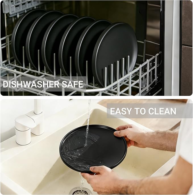 GZG Classic Series - Plates and Bowls Set for 8, 24 Piece Stoneware Dinnerware Sets, Microwave and Dishwasher Safe Lead-Free Handcrafted Ceramic Dishes Set - Matte Black