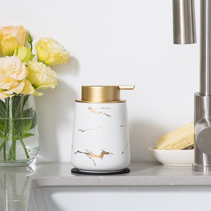 Enra Ceramic Gold Soap Dispenser,12 oz Marble Hand Liquid Soap Dispenser for Bathroom Kitchen Dispenser for Dish Soap with Easy-to-Press(Glod Liquid Type2)